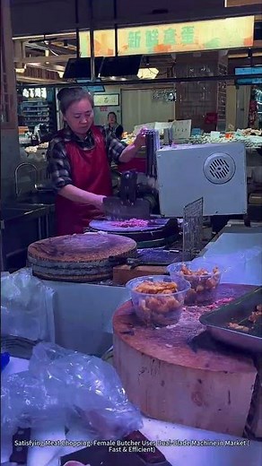 Satisfying Meat Chopping: Female Butcher Uses Dual-Blade Machine in Market (Fast & Efficient)