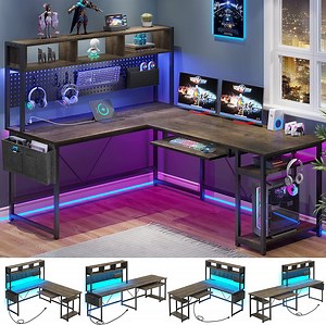 Reversible Gaming Desk with LED Lights & Power Strips, L-Shaped Computer Desk with Storage Shelves & Pegboard for Home Office, Dark Gray