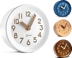 Driini Wooden Analog Desktop Clock – 4.3 in. Decorative Pinewood, No-Tick Design – Easy to Read Silent Sweep Mantle Clock – Quiet Tabletop Clocks with Wood Body, Hands, & Battery Cover; White