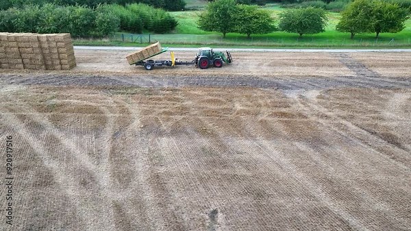 Tractor unloading harvested square bales of straw from a trailer into stacks.