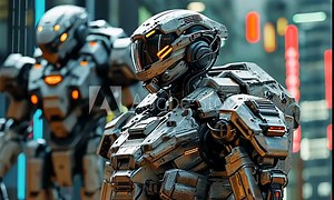 Two futuristic robots with intricate designs and glowing accents in a high-tech environment.