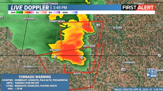 A TORNADO WARNING has been issued for the following counties: Palo Alto, Kossuth, Pocahontas, Humboldt until 4/16 4:30PM. If you are in the tornado warning area, get to your shelter or safe place now. | KEYC News Now