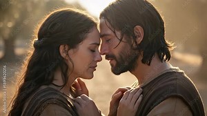 Man embraces a crying woman with deep emotion, offering comfort and support. Historical biblical scene depicting compassion and empathy.