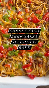 Cheesy Taco Salsa Spaghetti Bake - flavourful taco meat sauce, tangy salsa, and al dente spaghetti baked together to perfection, topped with a generous layer of gooey melted cheese and colourful bell peppers #pastarecipe #tacos #groundbeef #spaghetti #cheesypasta | Slimming Eats