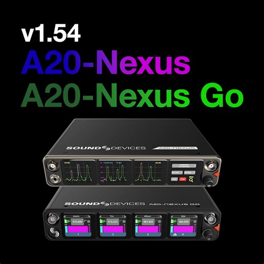 Important new firmware versions for A20-Nexus, A20-Nexus Go, A20-Mini, and A20-TX A20-Nexus v1.54 adds a Waterfall Display to the web app RTSA for monitoring the RTSA history, along with RSSI Peak Hold. Additional changes and performance enhancements are included in this firmware update. A20-TX v7.60 adds support for the Schoeps CMD42 digital microphone. v7.60 for A20-Mini & A20-TX also includes additional performance enhancements. *Note: To ensure best performance, please ensure you are running