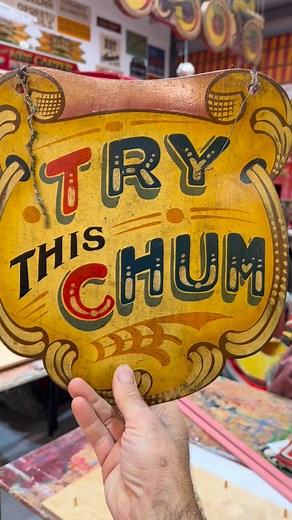 Another bit of charming fairground art now on display at my workshop. This was given to me by my friend Dave McCladery. Painted by one of my favourite fairground artists Charles Duffield, know best for painting games and side stalls. Always quick but detailed. Never expect to last this long, nor meant to be studied or scrutinised as we now do. But that’s what gives it its charm. Obviously this sign and many others on display aren’t for sale. They are just on here to inspire and enjoy. That said 