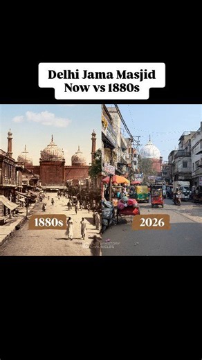 Jama Masjid of Delhi, Now vs 1880s This comparative visual juxtaposes the urban landscape surrounding Jama Masjid in Delhi across nearly a century and a half. The photograph on the left, taken in the 1880s by Samuel Bourne of the Bourne & Shepherd studio, captures the Mughal congregational mosque within a relatively open and pedestrian oriented urban fabric. The image reflects late nineteenth century colonial Delhi, where Jama Masjid functioned not only as a religious monument but also as a cent