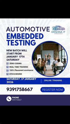 Krishnait Embedded on Instagram: "Embedded Testing Automotive_Embedded_Testing Elevate Your Career in Automotive Embedded Testing! Are you a working professional looking to upgrade your skills and move into the high-demand Automotive Embedded Testing domain? Join our Online Automotive / Embedded Testing Course by KRISHNA IT - designed exclusively to help professionals upskill and transition smoothly into the automotive industry. What You Will Learn: 1. Introduction to Automotive Embedded Systems