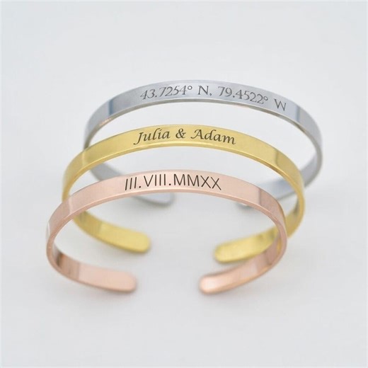 Custom Coordinates Bracelet - Personalized Engraved Cuff - Latitude Longitude Jewelry - Silver Gold Rose Gold - Etsy