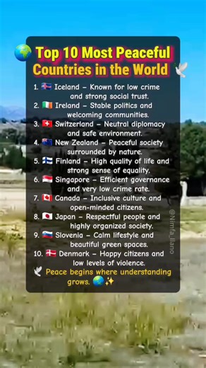 Discover the world’s most peaceful nations — where safety, harmony, and happiness truly thrive. 🌍💙 Would you live in one of these countries? 🌿 Comment your dream destination below! ✈️💬 #PeacefulCountries #WorldPeace #GlobalRanking #TravelFacts #BeautifulWorld #SafePlaces #ExploreTheWorld | Nimfa Ilano