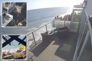 Moment balcony COLLAPSES leaving 10 hurt after plunging 15ft onto rocks