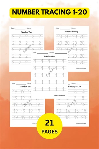 Number Tracing Worksheets 1-20 – Preschool Kindergarten Math Practice (PDF) - Etsy