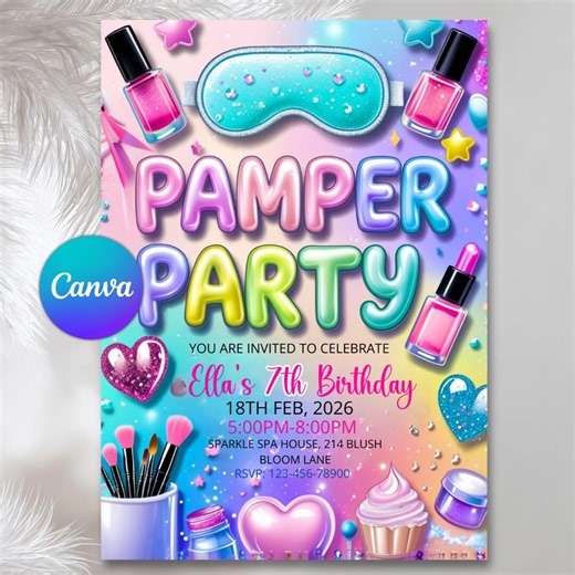 Pamper Party Birthday Invitation, Spa Sleepover Girls Invitation, Editable Canva Template, Pastel Glitter Spa Birthday, Printable Pink Party - Etsy