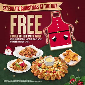 Get into the Christmas spirit with a FREE limited edition Santa Apron when you enjoy our Christmas Cheesy Bites meals at any Pizza Hut restaurant! Twist, dip, and pop your way to an iconic and jolly keepsake. 🎅 Redeemable with purchase of any Christmas meals and a min spend of $55. Applicable for dine-in only, while stocks last. T&Cs apply. 🎁🎄 | Pizza Hut