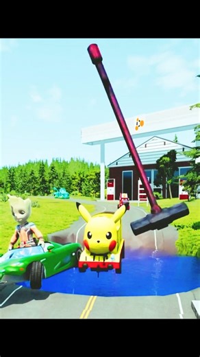 Can They Cross The Giant Water Hole? 😱 Groot, Pikachu & Cars Crashing!#shorts