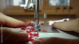 Close-up view of sewing machine with red fabric and pattern and two hands. Close-up detail of a sewing machine and its needle sewing a red fabric with two hands of an unrecognisable person.