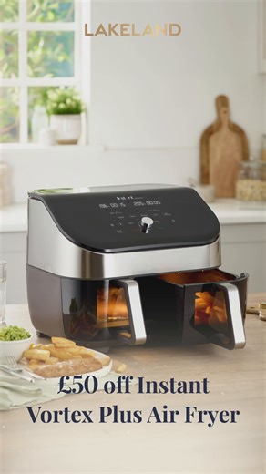 7.9K views · 17 reactions | ⭐️ Day 21 ⭐️⁠ £50 off Instant Vortex Plus Air Fryer. Just for today, we're gifting you £50 off the Instant Vortex Plus Air Fryer. With eight cooking functions and two 3.8-litre baskets, it's sure to give your oven a run for it's money. Shop here: https://social.lakeland.co.uk/uhRCA ⁠ Hurry, the offer will end at 23.59 on the 21st December 2024. | Lakeland | Facebook