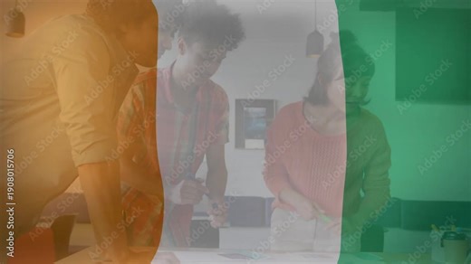 Team leaning in, pointing, writing and sorting papers under translucent tricolor overlay for design