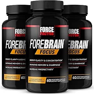 Force Factor Forebrain Focus Brain Booster, Brain Supplement to Boost Clarity & Concentration, Improve Memory & Increase Productivity, Nootropic Brain Support Supplement, 180 Capsules, Black
