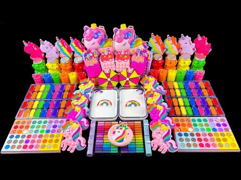 UNICORN SLIME ASMR - Mixing Makeup Eyeshadow into Satisfying Slime DIY