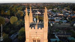 Areal front shoot of Church of St. Mary at sunrice, St. Neots town, Cambridgeshire, England, UK