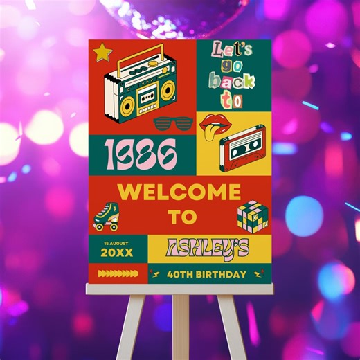 Editable 1980s Birthday Welcome Sign Template, Printable Born 1986 Forty Retro Neon Boombox Cassette Poster, Eighties Milestone Party Decor - Etsy