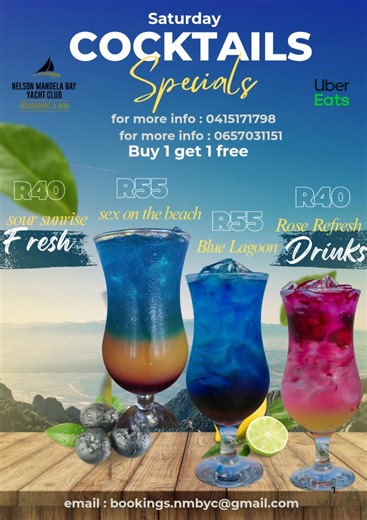 Hello, friends. We are delighted to introduce our weekend cocktail specials You buy 1 and get 1 free. To obtain more information, please visit our post or reach out to us regarding venue hire for events such as baby and bridal showers, corporate functions, weddings, parties, boat cruises, buffet services, and an array of cuisines. For inquiries, please call 0415171798 or 0657031151, or email bookings.nmbyc for requirements or bookings. | Nelson Mandela Bay Yacht Club