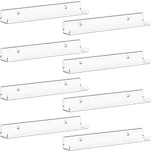 Lifewit Narrow Floating Shelves for Vinyl Record 8 Pack, 12" Clear Wall Shelves for Nail Polish/Book/Picture/Makeup, Acrylic Wall Display Shelf Organizer for Bedroom, Living Room, Bathroom Decor