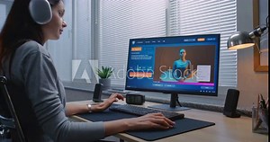 Adult woman in headphones enters prompt in AI image generator on PC. Advanced artificial intelligence chatbot generates detailed high-quality image portrait of ballerina. Futuristic automated artwork.