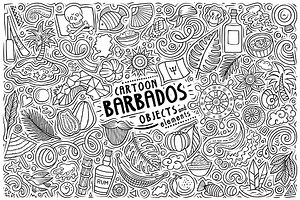 Cartoon vector doodle set of Barbados traditional symbols, items and...