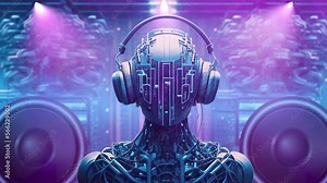 Rhythmic dancing humanoid robot with headphones onmusic stage. 3D video loop VJ cyber party projection.