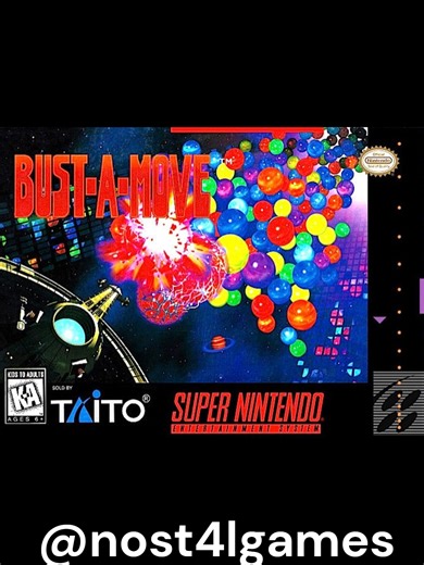 Bust-A-Move - SNES - 1995 #retrogame #supernintendo #snes #bustamove #taito Bust-A-Move é um jogo de Quebra-Cabeça / Puzzle desenvolvido pela Taito e publicado pela Taito em 13 de janeiro de 1995 para Super Nintendo. Produzido por Koichi Nakamura e Seizou Matsutaka e Takeo Shirasaka, com direção de Shoji Takahashi, game design por Yuji Koga e músicas compostas por Kazuko Umino. Publisher: Taito Desenvolvedora: Taito Plataforma: Super Nintendo Gênero: Quebra-Cabeça / Puzzle Ano: 1995 Lançamento: 