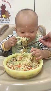 Cute baby mealtime highlights, 13-month-old eating big bites and satisfied #baby
