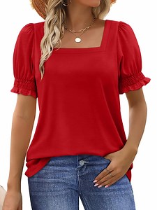 UVN Square Neck Tops for Women Summer Puff Short Sleeve Shirts Dressy Casual Tunic Blouses