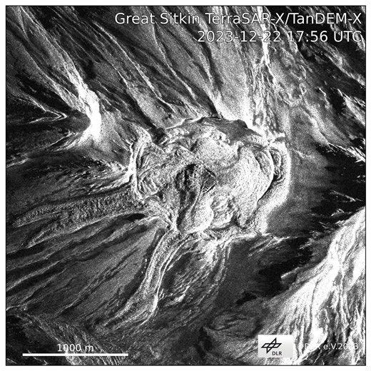 The eruption of lava at Great Sitkin in the Aleutians has now reached an impressive fourth birthday! The lava flow started sometime in late July 2021. Enjoy this compilation of radar satellite data, which shows the growth of the flow and dome since then. #Alaska #volcano USGS Volcanoes UAF Geophysical Institute Alaska DGGS Alt text: This video shows a series of stills of somewhat grainy, black-and-white views of Great Sitkin from a top-down view. There is an approximately oval feature in the cen