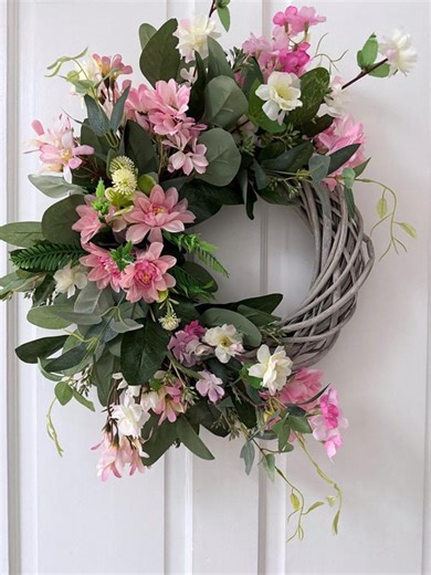Floral Front Door Half Moon Grey Wicker Faux Wreath With Eucalyptus Daisy’s Lambs Ear Cherry Blossom - Etsy