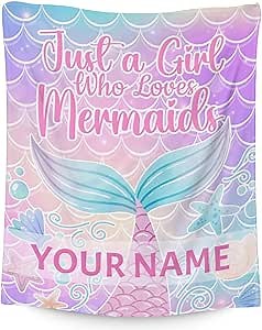 Personalized Mermaid Tail Blanket with Name - Soft, Fuzzy & Warm - 60"x80" Twin Size Blanket for Bed, Couch & Living Room - Colorful Cute Throw Gifts for Girls
