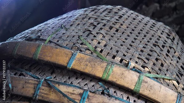 Close-up of traditional Indonesian bamboo baskets used in sand krupuk production. The scene showcases the meticulous process and craftsmanship involved in preparing this popular snack.