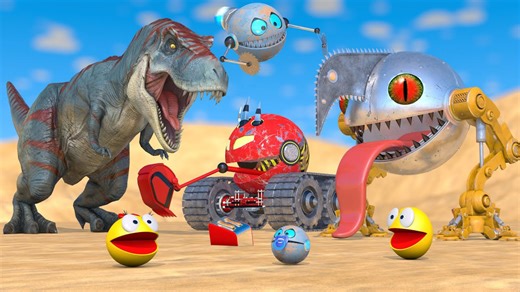 Pacman & baby robot Pacman vs excavator robot & long-tongued walking chainsaw robot Pacman