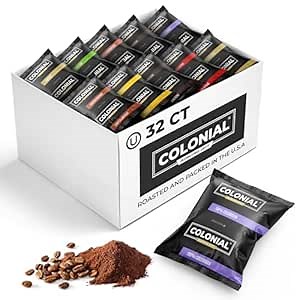Colonial Coffee 32 Count Single Pot Coffee Packets – Assorted Variety Pack with Medium, Dark, & Decaf Roast Blends | Pre-Measured Frac Packs for 12 Cup Maker | Bulk Ground Gourmet Coffee for Home & Office