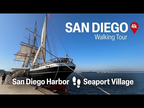 San Diego Waterfront Walk (4K) | Embarcadero, USS Midway & Seaport Village
