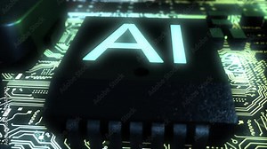 Stunning high quality CGI left-to-right fly through of an integrated circuit board featuring a reveal of an AI chip with pale blue glowing text and bright glowing gold circuits