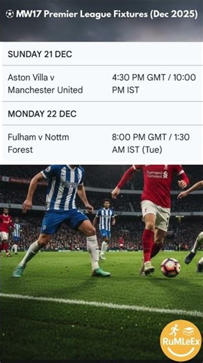 Premier League Matchweek 17 Fixtures 🏟️⚽ | Full Schedule 20–22 December#PremierLeague #EPL #Mtchwk17