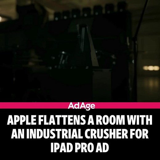 25K views · 80 reactions | Apple finds itself in a destructive mood in a new commercial for the iPad Pro. The 60-second spot shows a room full of creative objects—all which get slowly flattened as a metaphor for the multitude of tools and diversions inside the new, ultra-thin iteration of the company’s signature tablet. https://adage.com/creativity/work/apple-flattens-room-industrial-crusher-ipad-pro-ad/2558156 | Ad Age | Facebook