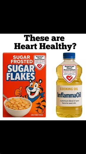 💔 That little “Heart-Check” logo? It’s not earned. It’s bought. The American Heart Association’s “Heart-Check Food Certification” looks official — but it’s a paid marketing program, not a guarantee of health. Here’s how sugary cereals and seed oils sneak in 👇 🥣 Sugary cereals qualify if they: Stay under 7–9 g sugar per serving (about 2 tsp). Add a bit of synthetic fiber or fortified vitamins to hit the “10 % Daily Value” rule. Keep fat low (because the AHA still believes fat = bad). Boom — th