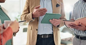 Meeting, circle and hands of business people with tablet for planning, strategy notes or group ideas. Growth, development and team in workshop on digital app, notebook or discussion for collaboration