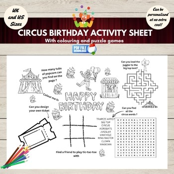 Circus Birthday Activity Sheet, Carnival Party Placemat, Coloring & Puzzle Page
