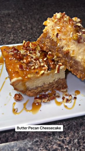 ✨Butter Pecan Cheesecake!!!✨✨ 10 out of 10 Full recipes Below Cheesecake Ingredients: (4) Blocks of cream cheese (4) oz of sour cream (1 1/2) cup of white sugar (1 ) brown sugar (3) oz of vanilla extract (4) eggs (4) oz of sweet condensed milk ***Blend very well until you get a smooth, creamy consistency. Crust: I used a whole box of gram crackers. You can also add shortbread cookies for extra flavor! (2) sticks of melted butter **Mix until the texture is soft Add crust to the pan. I used an 11x