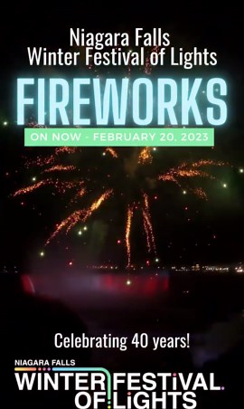 The Niagara Falls Winter Festival of Lights kicked off this past weekend with a spectacular Fireworks display! Celebrating 40 years, fireworks are planned over 40 nights during the Festival from now until Feb 20 as well as a special NYE midnight display. For an up close experience, book a Niagara City Cruise! View fireworks schedule link in bio. #wfol #wfol40 #wfol22 #fireworks #winter #festival | Niagara Falls Tourism