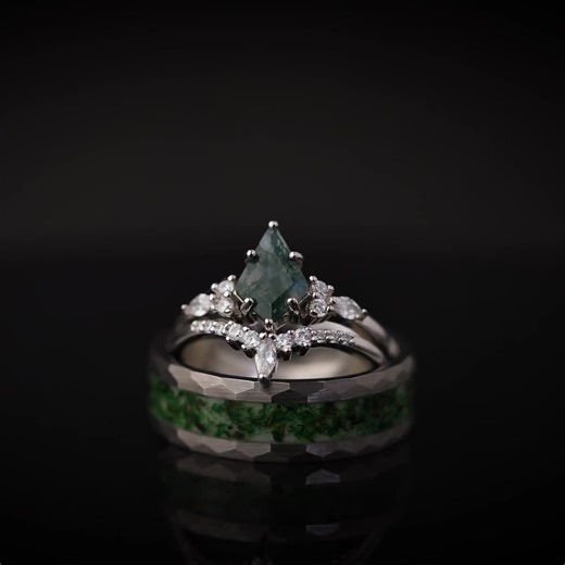 Moss Agate Ring Set: Tungsten Band, Couples Wedding Bands - Etsy